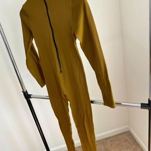 Olive contour rib zip jumpsuit